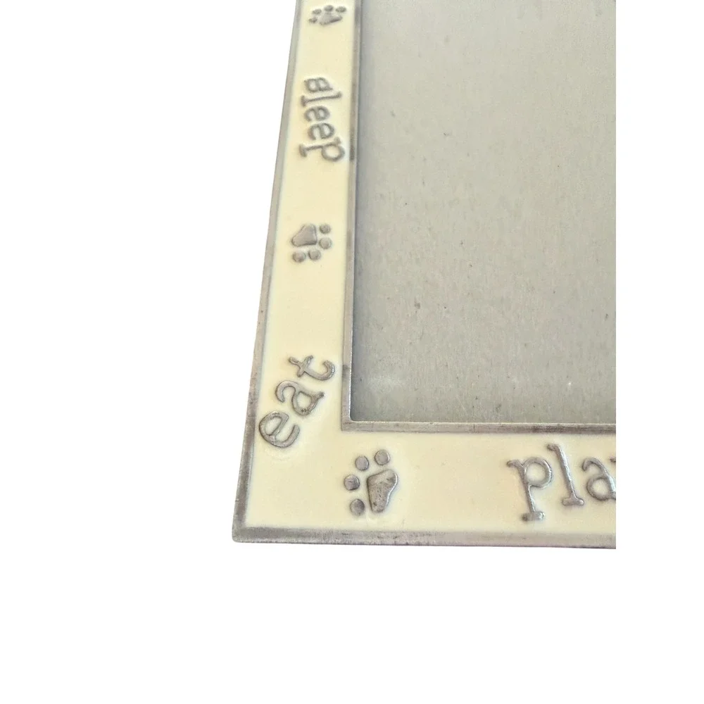 Vtg Pewter Style Cat Picture Frame‎ Eat Play Sleep Paw Prints Silver Cream 5x7